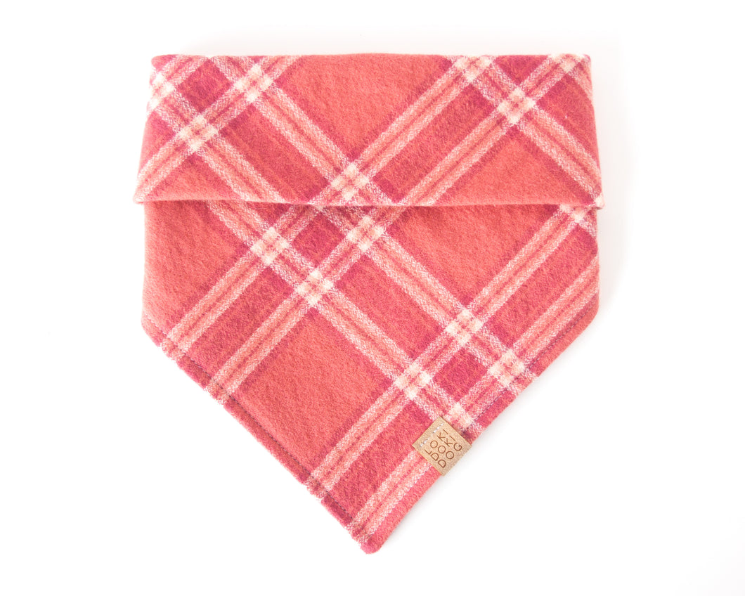 Sun-kissed Coral Plaid Flannel Dog Bandana (Personalization Available)